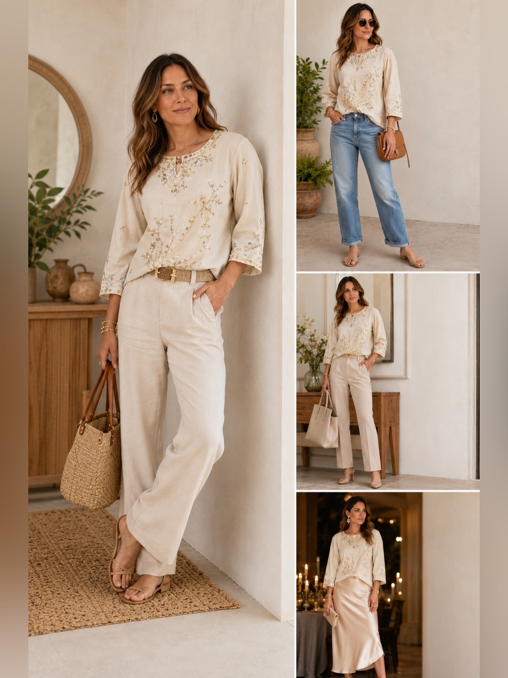 Embroidered Sequin‎ Cream Boho Peasant Top Tunic Cottagecore Resort Women’s